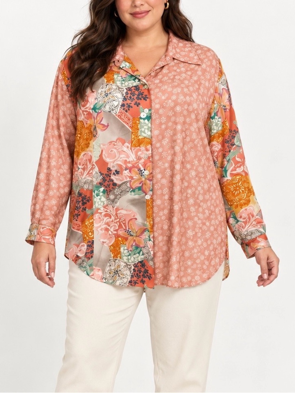 Koos of Course 100% Silk Mixed Print Blouse 1X Floral Paisley Boho Button Up